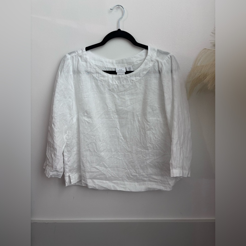 H by Halston White Boxy 3/4 SleeveLinen Blouse M